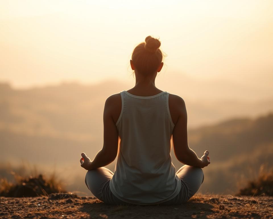 A tranquil scene of a person sitting in a meditative pose, lost in contemplation. The figure is bathed in warm, diffused lighting, casting a peaceful, introspective atmosphere. In the background, a serene landscape unfolds, with rolling hills and a soft, hazy sky. The composition has a sense of balance and harmony, mirroring the process of self-discovery and the recognition of one's strengths and passions. The image conveys a sense of introspection, clarity, and inner growth, inviting the viewer to embark on a journey of self-exploration.