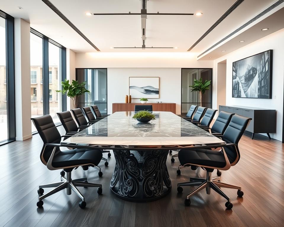 A venture capital fund office with a sleek, modern design. The foreground features an intricately detailed conference table surrounded by ergonomic chairs, conveying a sense of professionalism and collaboration. The middle ground showcases large windows that flood the space with natural light, creating a bright and airy atmosphere. The background reveals a minimalist decor with clean lines, subdued colors, and strategic artwork, exuding an air of sophistication and innovation. The lighting is balanced, with a combination of ambient and task lighting, accentuating the refined aesthetic. The camera angle captures the room from an elevated perspective, providing a comprehensive view of the well-curated environment.