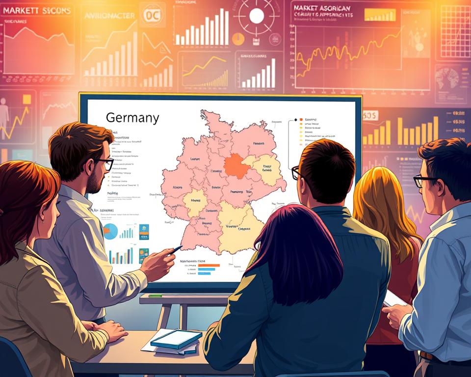 A vibrant and dynamic illustration of "Strategies to Find a Market Niche". In the foreground, a diverse team of business professionals, each with a unique skill set, collaborate intensely around a digital whiteboard, brainstorming ideas and strategies. The middle ground features a detailed map of the German market, segmented into distinct sectors, with emerging opportunities highlighted. In the background, a kaleidoscope of graphs, charts, and market data projections, illuminated by warm, focused lighting, creating an atmosphere of analytical focus and strategic vision. The scene conveys a sense of calculated exploration, as the team seeks to uncover their optimal market niche within the dynamic German landscape.