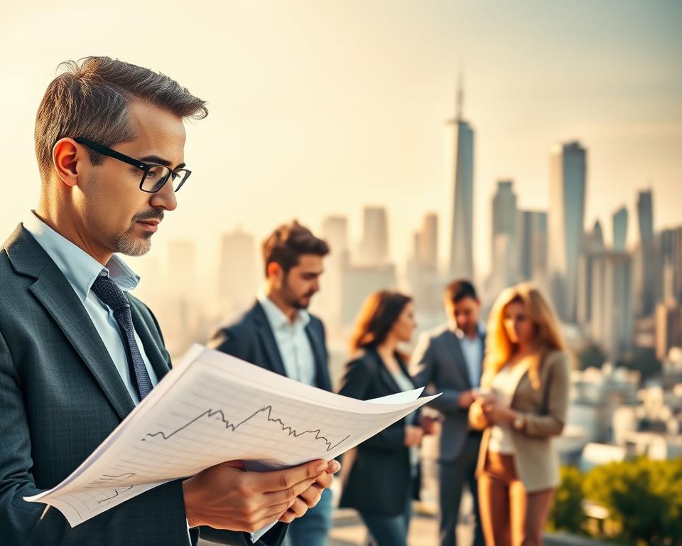 A vibrant and dynamic scene showcasing multiple strategies for earning more money. In the foreground, a well-dressed professional examines a financial chart, deep in thought. In the middle ground, a group of entrepreneurs collaborate on a new business idea, their expressions determined. In the background, a busy city skyline with towering skyscrapers symbolizes the potential for growth and prosperity. The lighting is warm and inviting, creating an atmosphere of opportunity and success. The composition is balanced, with a sense of movement and energy throughout the frame. The overall mood is one of ambition, innovation, and the pursuit of financial security.