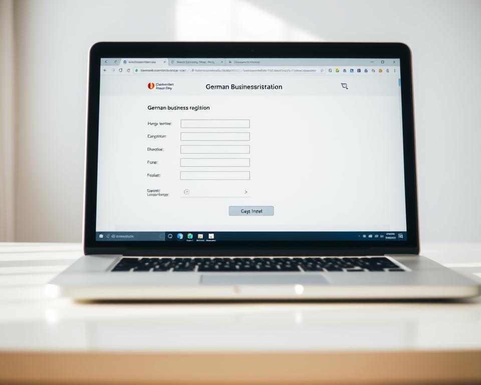 An official-looking online form for a German business registration, displayed on a laptop or desktop computer screen. The form features clean, minimalist design with input fields, dropdown menus, and buttons. The layout is organized and easy to navigate, reflecting the straightforward process of registering a new business. The screen is well-lit, with soft, natural lighting creating a professional atmosphere. The background is slightly blurred, placing the central focus on the registration form. The overall impression is one of efficiency, simplicity, and the modern convenience of handling administrative tasks digitally.