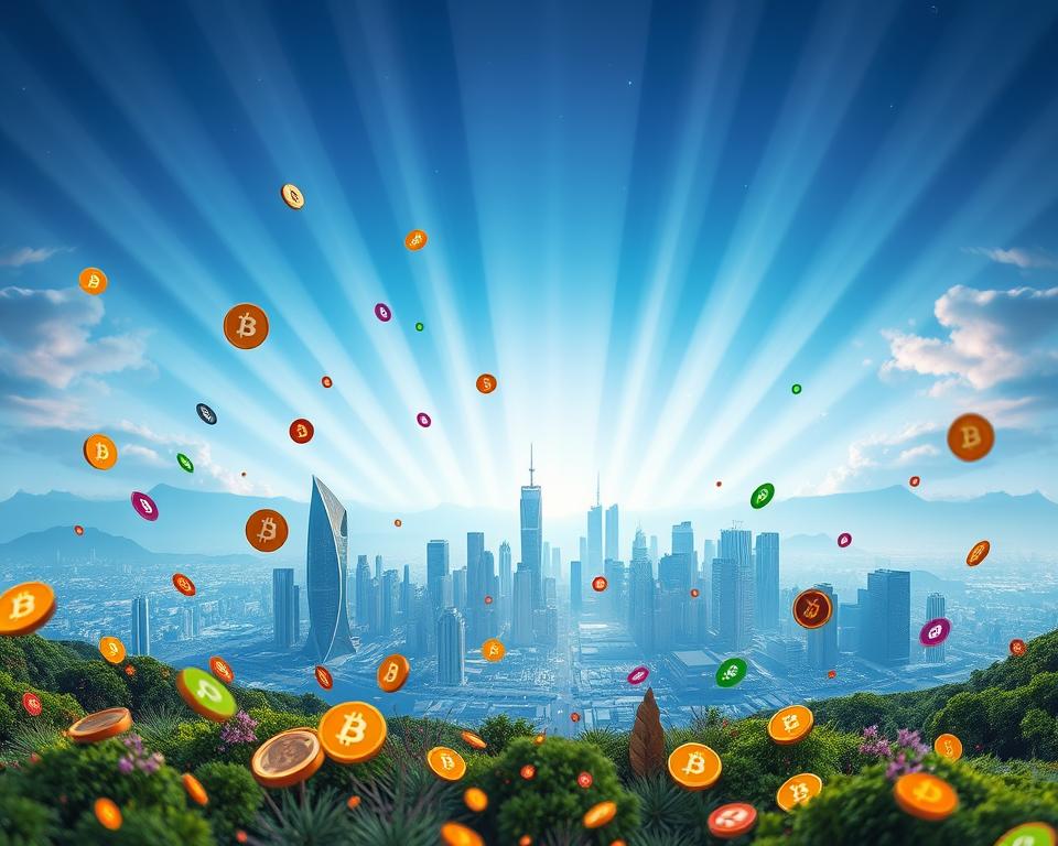a serene digital landscape depicting the concept of online money earning, with a focus on financial growth and opportunity. In the foreground, a vibrant array of colorful cryptocurrency icons and symbols float weightlessly, conveying a sense of digital prosperity. The middle ground features a sleek, modern cityscape, its futuristic architecture and glowing skyscrapers hinting at the technological advancements powering online income streams. The background showcases a vast, ethereal sky, with radiant beams of light shining down, illuminating the scene and symbolizing the boundless potential of digital finance. The overall mood is one of optimism, innovation, and financial empowerment.