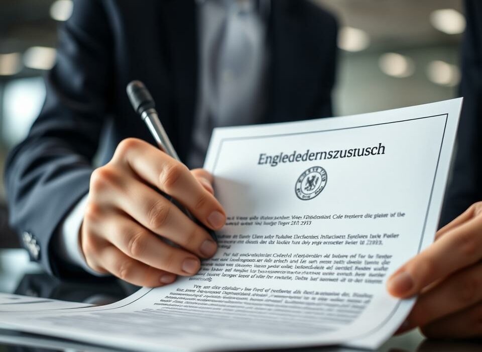 A close-up shot of a businessman's hand signing a document titled "Eingliederungszuschuss" against a blurred background of a modern office interior. The document features a formal seal and official-looking text, conveying a sense of legal formality and government bureaucracy. The lighting is soft and diffused, creating a professional and authoritative atmosphere. The angle is slightly low, emphasizing the importance of the document and the seriousness of the transaction. The overall scene suggests the process of employers receiving financial assistance from the government to integrate new employees into the workforce.