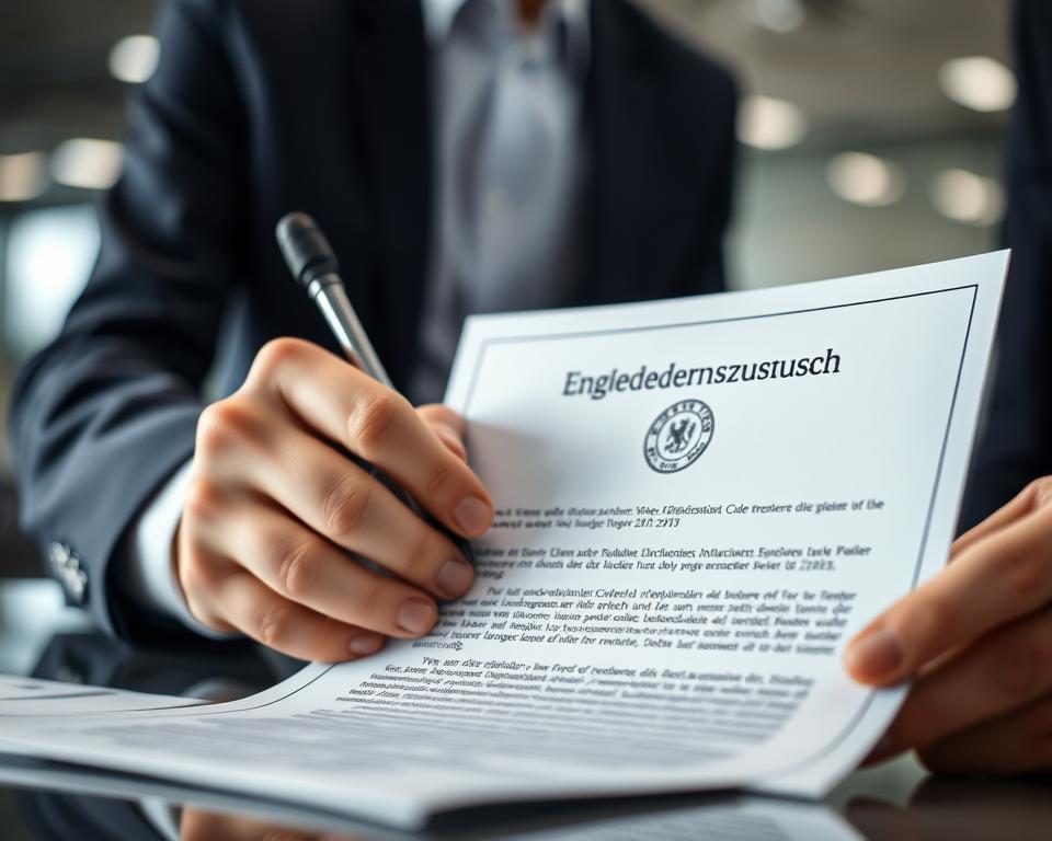 A close-up shot of a businessman's hand signing a document titled "Eingliederungszuschuss" against a blurred background of a modern office interior. The document features a formal seal and official-looking text, conveying a sense of legal formality and government bureaucracy. The lighting is soft and diffused, creating a professional and authoritative atmosphere. The angle is slightly low, emphasizing the importance of the document and the seriousness of the transaction. The overall scene suggests the process of employers receiving financial assistance from the government to integrate new employees into the workforce.