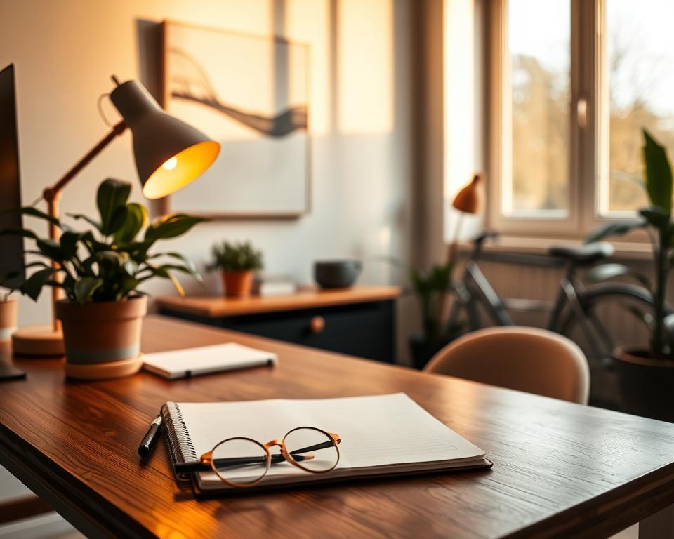 A cozy home office with a wooden desk, a potted plant, and a warm desk lamp casting a soft glow. On the desk, a notebook and a pen lie alongside a pair of eyeglasses, hinting at a person deep in thought, brainstorming their next big business idea. The walls are adorned with a minimalist abstract painting, and a large window allows natural light to flood the space, creating a serene and inspiring atmosphere. The room is bathed in a gentle, golden hour-like light, evoking a sense of creativity and productivity.