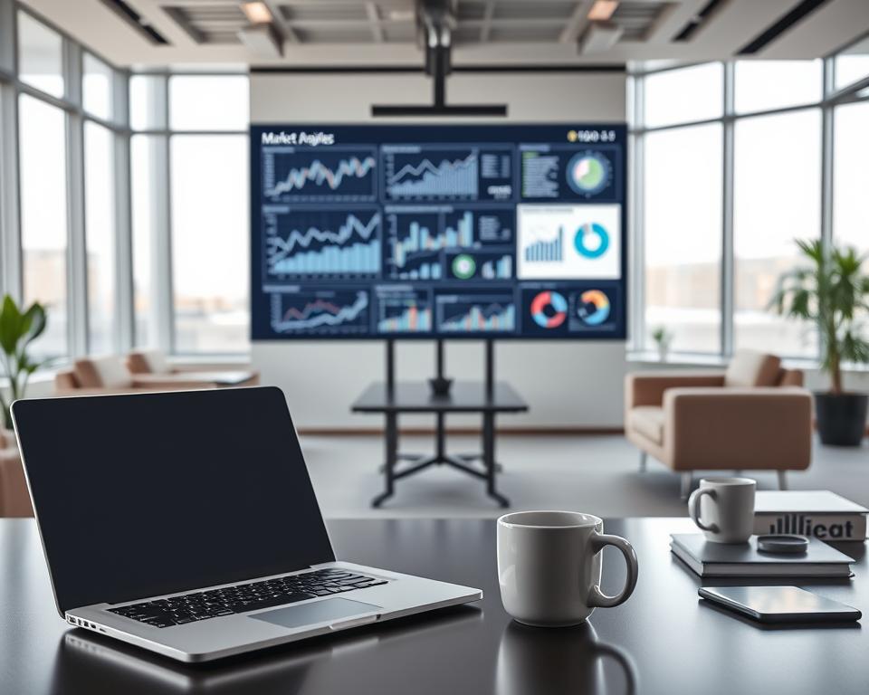 A detailed market analysis visualization showcasing various data visualizations and financial charts against a sophisticated office backdrop. In the foreground, a sleek laptop and a minimalist desk setup with a stylish mug and office supplies. The middle ground features a large presentation screen displaying insightful market trend graphs, pie charts, and financial projections. The background depicts a modern, well-lit office environment with floor-to-ceiling windows, modern furniture, and a subtle color palette of grays, whites, and blues, creating a professional and analytical atmosphere. Crisp lighting, a shallow depth of field, and a hint of reflections on the desk surface add depth and a sense of high-quality production.