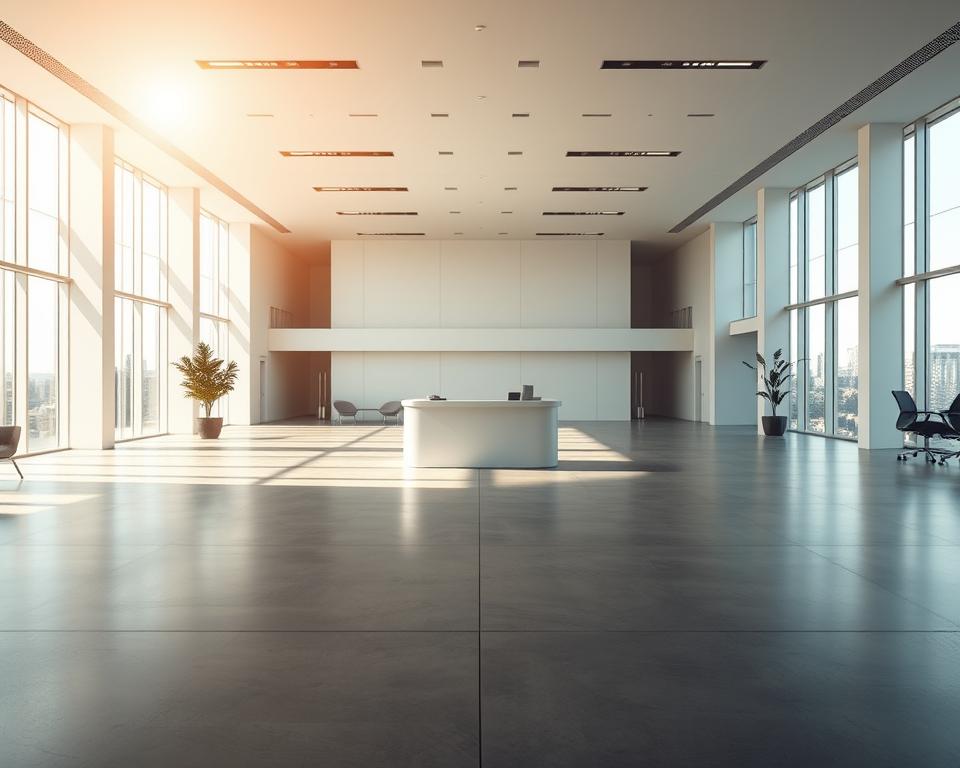 A grand, modern office interior with sleek, minimalist design. Sunlight streams through floor-to-ceiling windows, casting a warm glow over a spacious, open-plan workspace. Smooth, polished concrete floors lead the eye towards a central, minimalist desk, its clean lines and neutral tones complementing the overall aesthetic. Subtle, indirect lighting fixtures line the ceiling, creating a tranquil, professional atmosphere. The space feels airy and uncluttered, with carefully curated furnishings and decor that exude a sense of efficiency and productivity. This serene, sophisticated environment evokes a sense of opportunity and progress, perfectly capturing the essence of "Eingliederungszuschuss für Arbeitgeber".