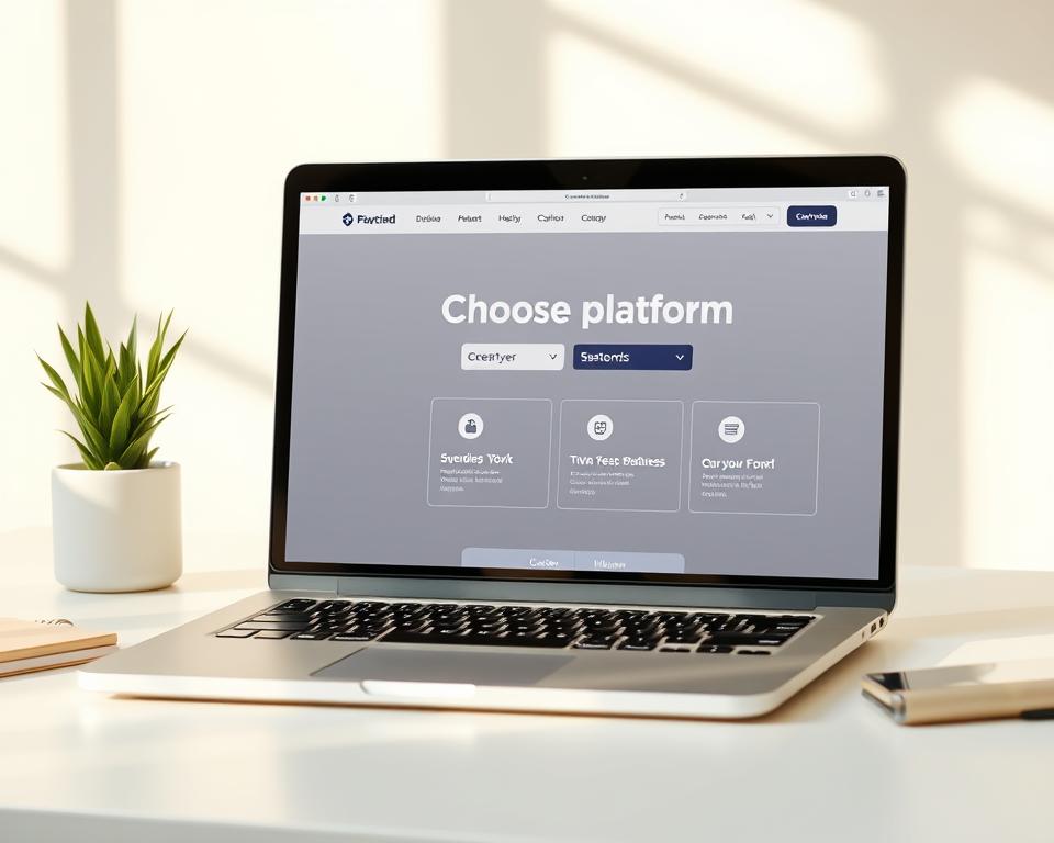 A modern, minimalist online business platform with a clean, intuitive interface. A laptop on a minimalist desk in a light-filled workspace, showcasing a sleek web application with clear navigation options for users to "Choose Platform". Warm, natural lighting illuminates the scene, creating a sense of calm and productivity. The background is a soft, neutral tone, allowing the platform interface to take center stage. The overall composition conveys a professional, user-friendly experience for building an online business.