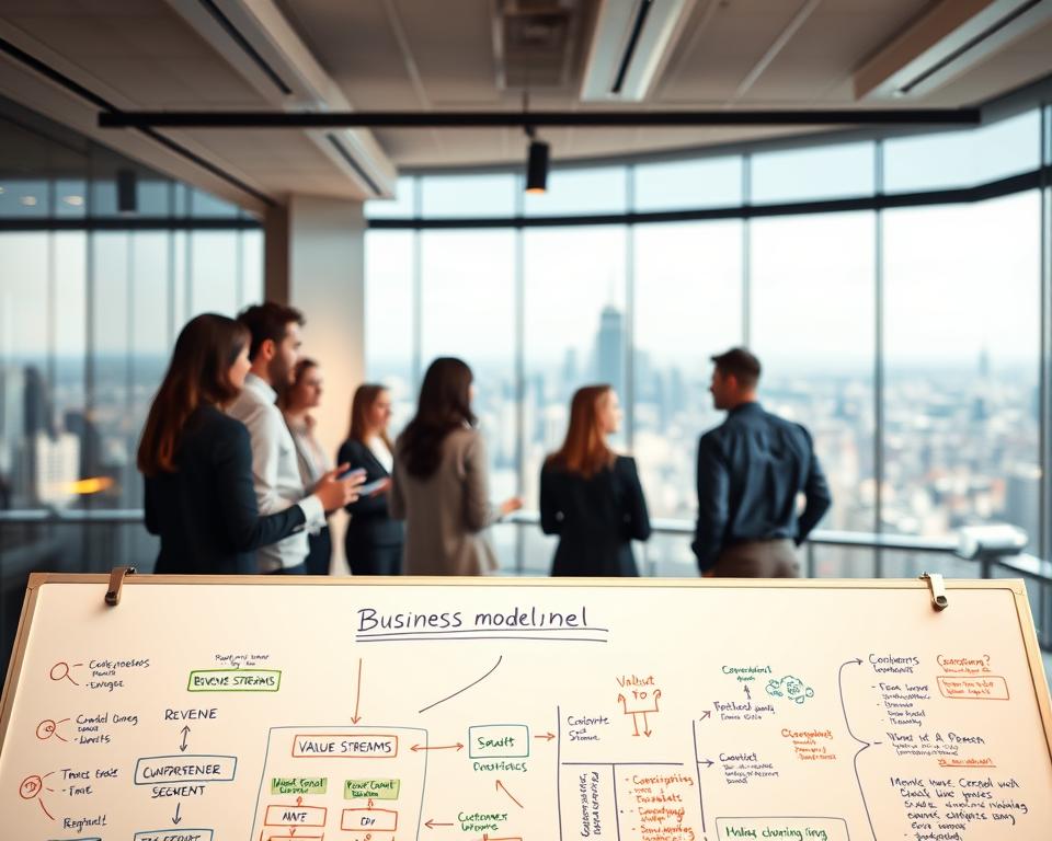 A modern office space with a whiteboard in the foreground, displaying a visual representation of a business model. The whiteboard features colorful diagrams, flowcharts, and key concepts like "revenue streams," "value proposition," and "customer segments." The middle ground showcases a team of professionals engaged in a collaborative discussion, brainstorming ideas and sketching on the whiteboard. The background depicts a panoramic view of a bustling city skyline, suggesting a dynamic, urban setting conducive to entrepreneurial endeavors. The lighting is warm and inviting, creating a productive and inspirational atmosphere. The overall scene conveys the process of developing a comprehensive and innovative business model.
