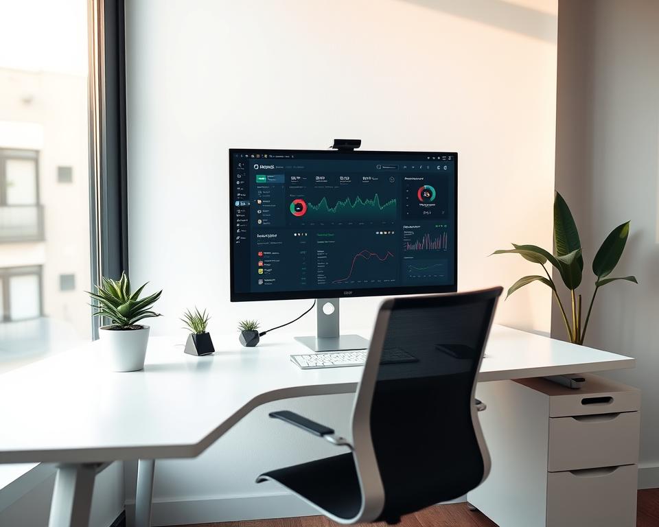 A modern, sleek home office setup with a minimalist desk, a large monitor displaying a digital dashboard, and a potted plant adding a touch of greenery. Soft, diffused lighting from a nearby window casts a warm glow, creating a productive and inviting atmosphere. The scene conveys the efficiency and focus required for a successful online business, with a clean and organized aesthetic reflecting the owner's professionalism and attention to detail.