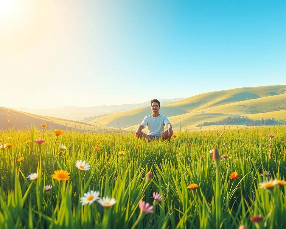 A serene financial relief illustration showcasing a calming, sun-dappled meadow. In the foreground, lush green grass and vibrant wildflowers sway gently in a light breeze. In the middle ground, a person sits cross-legged, their expression one of tranquility and ease, symbolizing the weight of financial burdens being lifted. The background features rolling hills, a clear blue sky, and a warm, golden-hour glow that bathes the entire scene in a sense of peace and prosperity. The lighting is soft and diffused, creating a dreamy, ethereal atmosphere. The camera angle is slightly elevated, giving the viewer a serene, bird's-eye perspective on this restorative financial landscape.