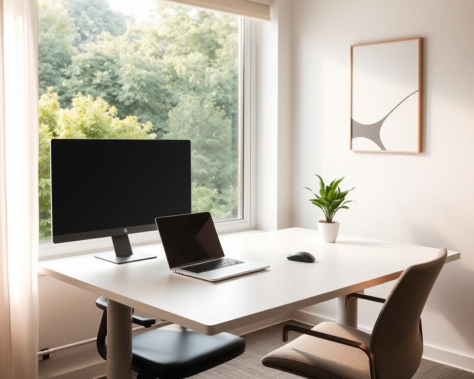 A serene, minimalist home office setup with a sleek, modern desk, a comfortable office chair, and a large window overlooking a lush, verdant landscape. Soft, natural lighting filters through the window, casting a warm glow on the workspace. The desktop is neatly organized, with a laptop, a wireless mouse, and a small potted plant. The walls are adorned with simple, abstract artwork, conveying a sense of tranquility and focus. The overall atmosphere is one of productivity, efficiency, and a harmony between work and the natural world.