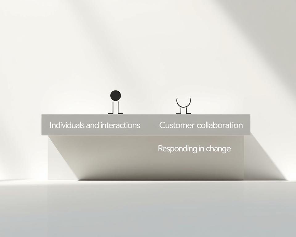 A serene, minimalist illustration of the four agile values, presented in a clean, thoughtful layout. The values - Individuals and interactions, Working software, Customer collaboration, and Responding to change - are represented by simple, elegant icons or shapes, arranged in a balanced, harmonious composition. The background features a soft, muted gradient or texture, creating a calming, contemplative atmosphere. Subtle, indirect lighting casts gentle shadows, adding depth and dimension to the scene. The overall aesthetic is modern, sophisticated, and conducive to understanding and reflecting on the core principles of agile methodology.