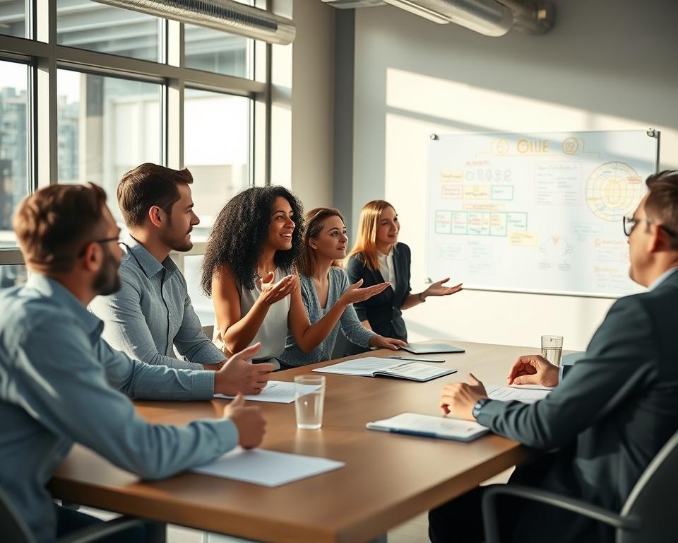 A serene office setting, with a group of professionals gathered around a conference table, engaged in a lively discussion. Soft natural lighting filters through the large windows, casting a warm glow on the scene. The team members are gesturing animatedly, their expressions focused and collaborative, as they work together to apply agile principles to their project. In the background, a whiteboard displays colorful diagrams and notes, illustrating the practical implementation of agile values. The atmosphere is one of productive energy, with a sense of camaraderie and shared purpose.