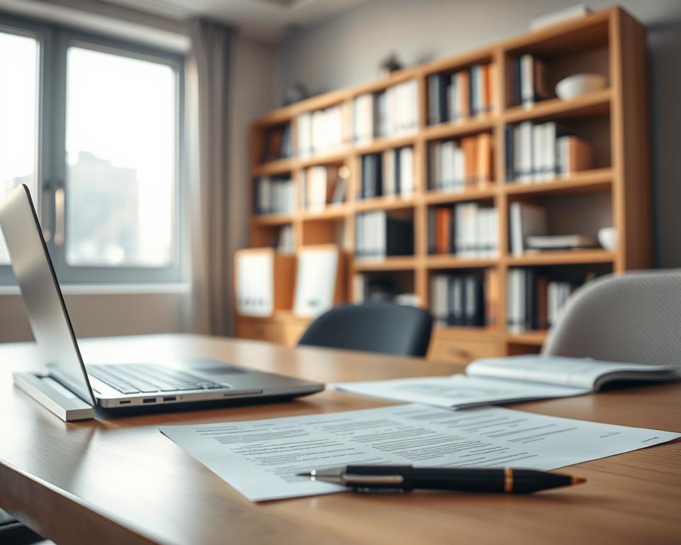 A well-lit office workspace with a neatly organized desk, featuring a laptop, some documents, and a pen. In the background, a bookshelf filled with reference materials. The scene conveys a sense of professionalism and attention to detail, reflecting the requirements for a successful application. Soft, natural lighting from a nearby window casts a warm glow, creating a calming and focused atmosphere. The overall composition emphasizes the importance of preparation and attention to detail when submitting an application.