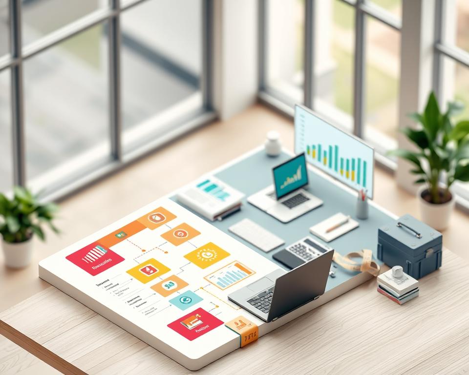 A detailed, isometric illustration of a structured financial plan. In the foreground, a large, organized flowchart displays key components such as budgeting, investments, and risk assessment symbols in vibrant colors, with icons for each part depicted clearly. In the middle ground, a neatly arranged desk with financial documents, calculators, and a laptop projecting graphs and charts enhances the financial planning theme. The background features a soft-focus modern office setting with large windows, allowing natural light to flood the scene, creating an open and professional atmosphere. The mood is focused and analytical, appealing to investors looking to understand the essential elements of financial planning. Make sure there are no words or text in the image.