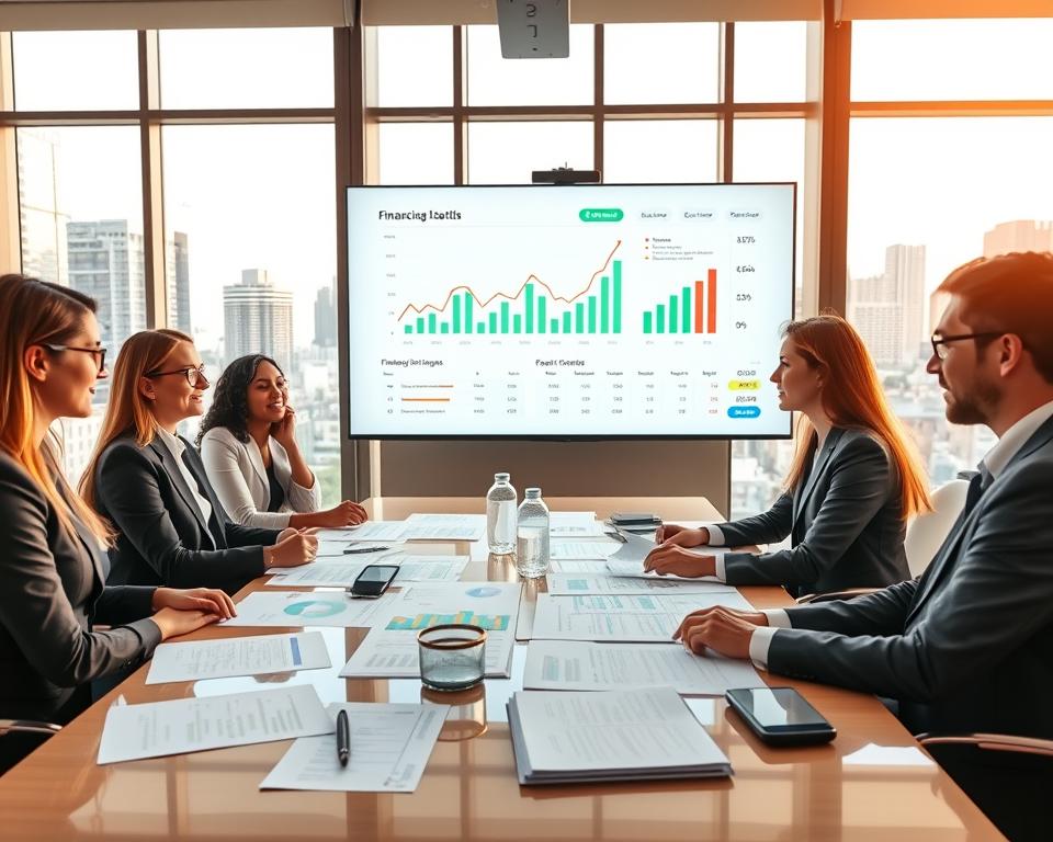 A detailed, professional financial planning overview for a company, featuring a modern office environment. In the foreground, a diverse group of professionals in business attire are engaged in a discussion around a sleek conference table adorned with charts, graphs, and financial documents. The middle ground showcases a large digital screen displaying a vibrant financial dashboard with positive growth trajectories and key performance indicators. The background includes large windows with a view of a bustling cityscape, allowing natural light to flood the room, creating an atmosphere of optimism and productivity. The composition should convey collaboration and clarity, with warm lighting enhancing the professional demeanor of the setting. A wide-angle view captures the scene, emphasizing teamwork and strategic planning without any text or symbols.