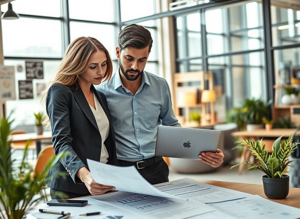 A dynamic and visually engaging scene capturing the essence of entrepreneurial support in Bavaria. In the foreground, a diverse group of three business professionals—a thoughtful woman in a tailored blazer, a focused man in a crisp shirt, and a young entrepreneur with a laptop—are actively discussing a business plan, surrounded by paperwork and charts that hint at financial support. In the middle ground, a modern office space filled with informal meeting areas, showcasing motivational posters and plants for a productive atmosphere. The background features large windows allowing natural light to flood in, illuminating the environment with a warm and inviting glow. The mood is energetic and optimistic, ideal for inspiring future entrepreneurs in Bavaria.