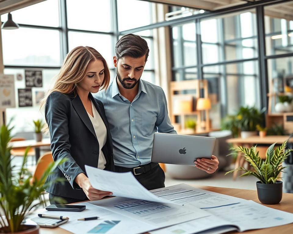 A dynamic and visually engaging scene capturing the essence of entrepreneurial support in Bavaria. In the foreground, a diverse group of three business professionals—a thoughtful woman in a tailored blazer, a focused man in a crisp shirt, and a young entrepreneur with a laptop—are actively discussing a business plan, surrounded by paperwork and charts that hint at financial support. In the middle ground, a modern office space filled with informal meeting areas, showcasing motivational posters and plants for a productive atmosphere. The background features large windows allowing natural light to flood in, illuminating the environment with a warm and inviting glow. The mood is energetic and optimistic, ideal for inspiring future entrepreneurs in Bavaria.