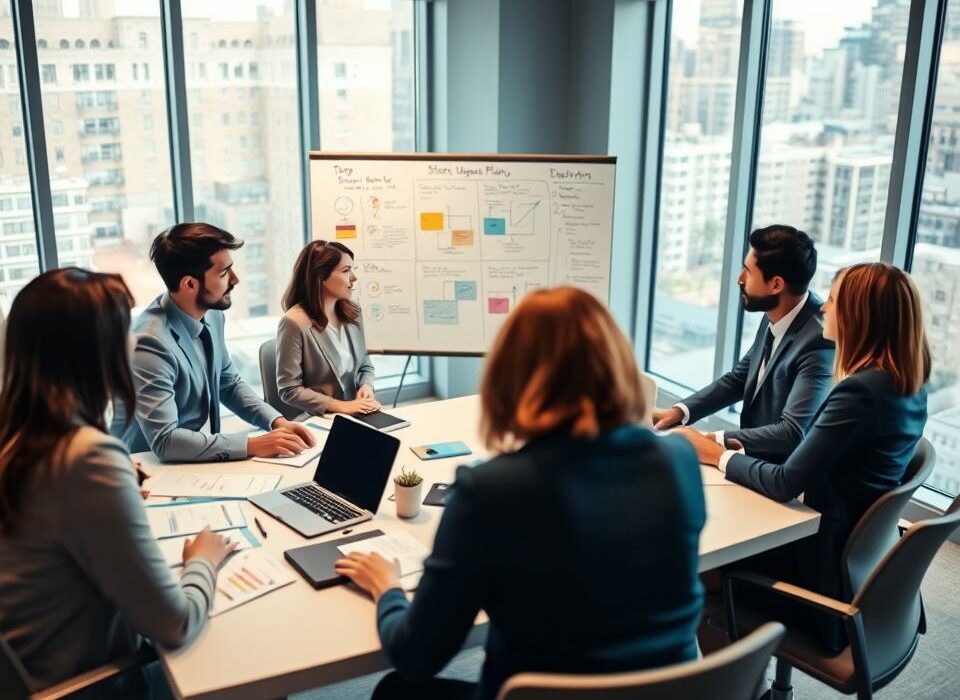A professional business environment depicting steps for creating a business plan. In the foreground, a diverse group of four individuals in formal business attire engaged in a collaborative discussion around a large table filled with documents, charts, and laptops. The middle ground shows a whiteboard with colorful diagrams illustrating strategic planning steps. In the background, large windows allow soft, natural light to pour in, adding a warm glow to the scene. The atmosphere is focused and energetic, indicating teamwork and productivity. The camera angle is slightly elevated, giving a comprehensive view of the workspace, emphasizing organization and professionalism without any text or distractions.