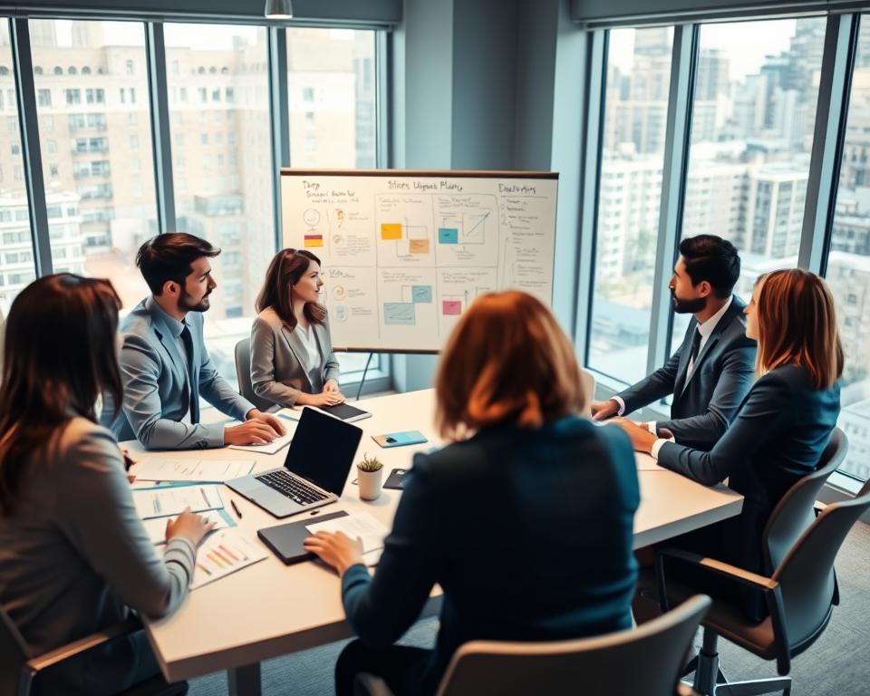 A professional business environment depicting steps for creating a business plan. In the foreground, a diverse group of four individuals in formal business attire engaged in a collaborative discussion around a large table filled with documents, charts, and laptops. The middle ground shows a whiteboard with colorful diagrams illustrating strategic planning steps. In the background, large windows allow soft, natural light to pour in, adding a warm glow to the scene. The atmosphere is focused and energetic, indicating teamwork and productivity. The camera angle is slightly elevated, giving a comprehensive view of the workspace, emphasizing organization and professionalism without any text or distractions.