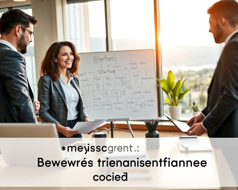 A professional business setting in Bavaria, showcasing a group of diverse entrepreneurs in a well-lit modern office environment. In the foreground, a confident woman in smart casual attire discusses her startup plan with a man in a suit, both surrounded by documents and laptops, symbolizing ambition and collaboration. In the middle ground, a whiteboard filled with strategic business ideas is visible, alongside a coffee table with informal discussion materials, creating a sense of brainstorming and creativity. The background features a panoramic window displaying Bavarian landscapes, infused with warm natural light, evoking a motivational and hopeful atmosphere. The image captures the supportive essence of grants for new entrepreneurs in Bavaria.