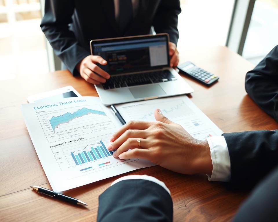 A professional workspace featuring a detailed, open economic plan document prominently displayed on a sleek wooden desk. In the foreground, a pair of hands, dressed in business attire, are reviewing charts and financial graphs on the document, symbolizing analysis and preparation. In the middle, a modern laptop open with a financial software interface visible, alongside a stylish pen and a calculator, enhancing the business environment. The background shows a large window with soft natural light streaming in, creating a bright and motivating atmosphere. The setting should convey a sense of professionalism and focus, inspiring the viewer about the importance of creating a solid economic plan. The overall mood is productive and optimistic, perfect for illustrating the essence of an economic plan.