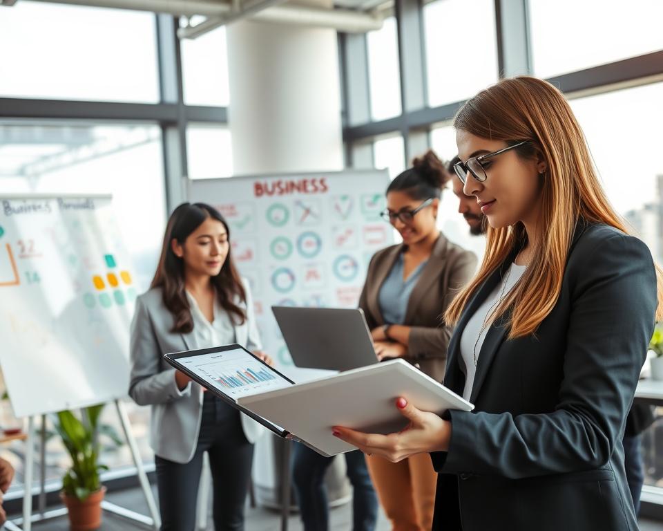 A modern co-working space filled with diverse individuals engaged in entrepreneurial activities. In the foreground, a focused woman in professional attire interacts with a digital tablet, showcasing graphs and business plans. To her right, a group of three professionals discuss ideas over a laptop, highlighting collaboration. The middle ground features a large whiteboard filled with colorful diagrams and notes about business fundamentals. In the background, large windows let in natural light, revealing a bustling cityscape, symbolizing opportunity. The scene is bright and innovative, with a sense of motivation and teamwork. The atmosphere is dynamic and inspiring, capturing the essence of entrepreneurship.