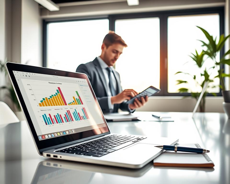 A modern office workspace featuring a well-organized financial planning template on a clean desk. In the foreground, a sleek laptop displays a colorful financial chart, surrounded by a notepad and a pen. The middle ground includes a person in professional attire, deeply focused, analyzing the template with a calculator in hand, portraying concentration and diligence. The background features a large window with natural light streaming in, illuminating the space and enhancing the calming atmosphere. Soft green plants are visible at the corners, adding an element of tranquility. The overall mood should convey focus, success, and the benefits of using a structured financial plan, emphasizing productivity and organization in a professional setting. A modern office workspace featuring a well-organized financial planning template on a clean desk. In the foreground, a sleek laptop displays a colorful financial chart, surrounded by a notepad and a pen. The middle ground includes a person in professional attire, deeply focused, analyzing the template with a calculator in hand, portraying concentration and diligence. The background features a large window with natural light streaming in, illuminating the space and enhancing the calming atmosphere. Soft green plants are visible at the corners, adding an element of tranquility. The overall mood should convey focus, success, and the benefits of using a structured financial plan, emphasizing productivity and organization in a professional setting.